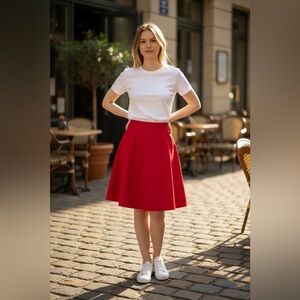 Red A-Line Flare Skirt - Classic Midi Length Skater Style